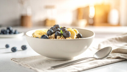 Healthy breakfast bowl with fresh blueberries and banana slices