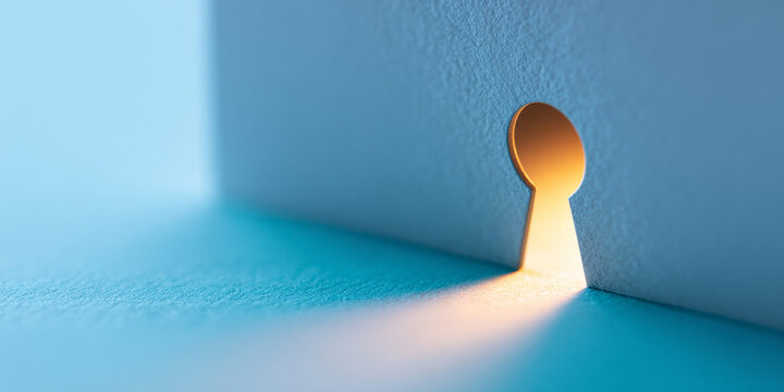 Close-up of a glowing keyhole cutout in a blue textured surface with warm light shining through, symbolizing opportunity and discovery