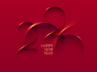 Happy New Year greetings. Elegant festive numbers 2026 on red background. Greeting card with calendar date.