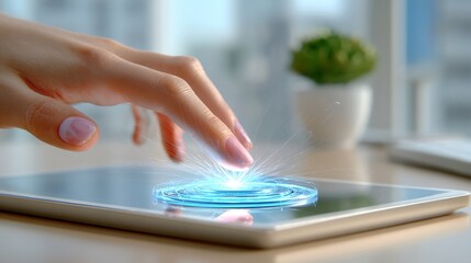 Human hand gently touching a sleek digital tablet screen, generating a mesmerizing blue circular ripple effect, symbolizing advanced interactive technology.