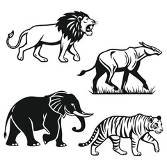 Set of wild animals vector illustrations featuring a roaring lion a walking antelope a large elephant and a striped tiger isolated on transparent background