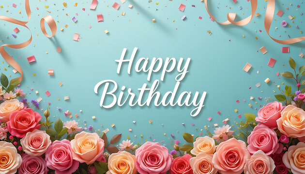 Happy Birthday, rose bouquet, confetti, teal background, elegant, vibrant colors, festive, intricate floral arrangement, shiny, glittering, luxurious, typography, calligraphy, 4K and HD Image