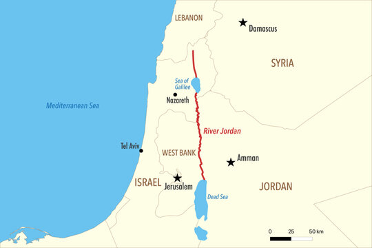 Vector Map of the Jordan River Showing Its Course from Sources to the Dead Sea