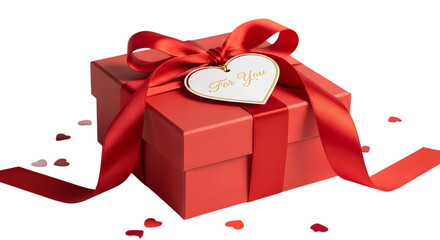 Red gift box with a heart shaped tag and ribbon perfect for valentine s day isolated on transparent background