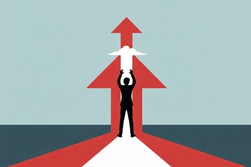 Fototapeta premium Two silhouetted figures collaborating to lift a white figure upwards symbolizing teamwork growth and achieving goals with a large red arrow pointing skyward