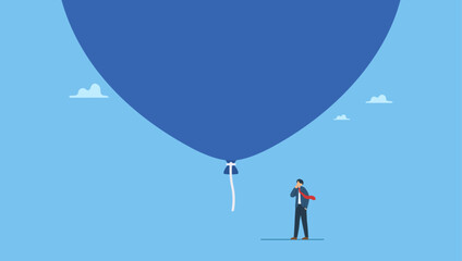 Fearful businessman investor standing under huge big air balloon bubble. Stock market, crypto currency bitcoin bubble, risk of speculation investment, big debt balloon ready to burst.