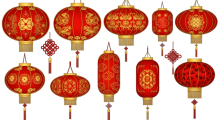 Collection of traditional red chinese lanterns for celebrations isolated on transparent background