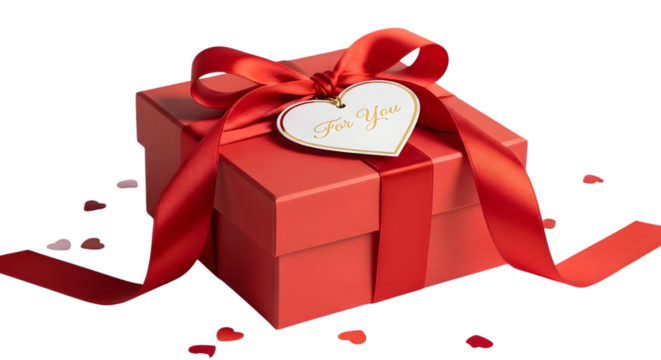 Red gift box with a heart shaped tag and ribbon perfect for valentine s day isolated on transparent background - Powered by Adobe