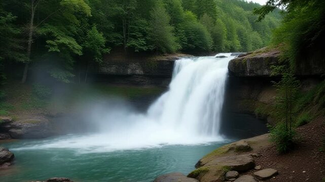 Video A serene waterfall surrounded by dense foliage and greenery, perfect for nature-inspired designs or travel ry