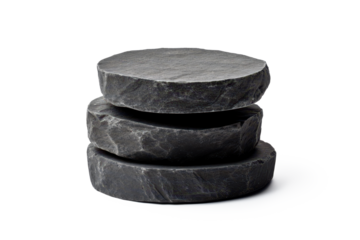 stack of round basalt stone plates isolated on white or transparent png