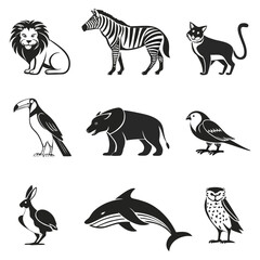Fototapeta premium A variety of wild animals, including a lion, a zebra, a black cat, a toucan, a boar, a small bird, a rabbit, a dolphin, and an owl, in a black and white graphic collection