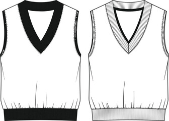Technical flat sketch vector illustration of a unisex knit sweater vest, featuring contrast ribbed V-neck, armholes, and hem for preppy academic or collegiate apparel design.