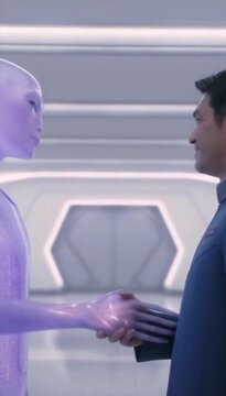 A young Asian man shakes hands with a purple alien in a futuristic setting. The environment features sleek, modern design elements and soft lighting.