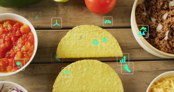 Teal icons appearing around corn shells, moving, clustering, connecting toppings, showing eco links