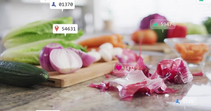 Social badges appearing over halved onion, popping, clumping, fading, drifting, showing engagement