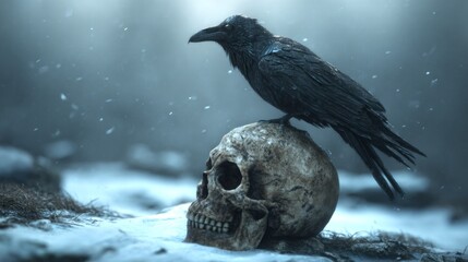 Fototapeta premium A mysterious black raven perched on an ancient skull in a snowy landscape. The scene evokes feelings of the unknown and death. Perfect for fantasy and gothic themes. AI
