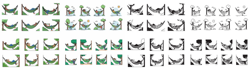 People relaxing in hammocks among trees with transparent background