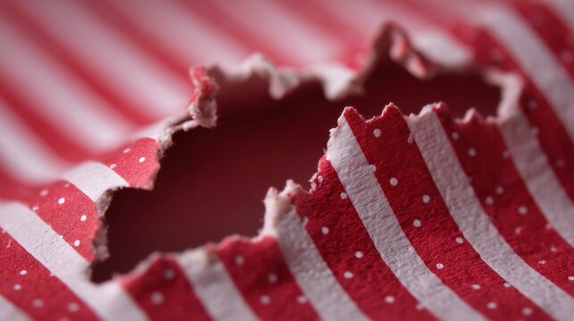 Close-Up of Torn Red and White Striped Decorative Paper with White Dots, Capturing Textured Edges and Patterns in Soft Focus - Powered by Adobe