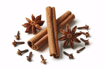Aromatic whole star anise pods and fragrant cinnamon sticks arranged with whole cloves creating a warm spice blend on a clean white background