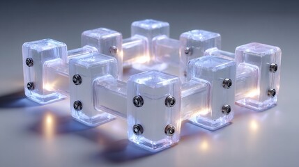 Abstract conceptual structure of interconnected translucent cubes forming a circular network, illuminated by internal glowing light, symbolizing blockchain and secure digital systems.