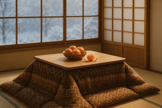 雪景色の和室コタツとみかんが並ぶ冬の温もりある暮らし/Cozy Winter Kotatsu with Fresh Mandarins and Snowy View
