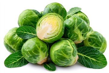 Fototapeta premium Fresh brussels sprouts pile with one halved vegetable