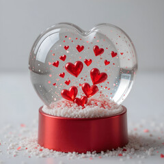 Heart-shaped snow globe containing tiny floating hearts, delicate romantic details.