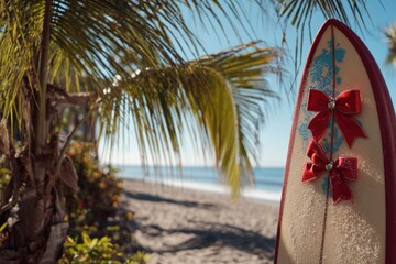 holiday surfboard with red bow and greenery standing near palm trees in bright sunlight forming a cheerful tropical christmas scene for marketing and travel visuals