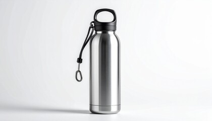 &ldquo;Stainless steel water bottle with black cap and strap on white background&rdquo;