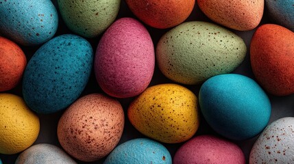 Smoothly dyed Easter eggs in vibrant colors create a minimalist abstract pattern