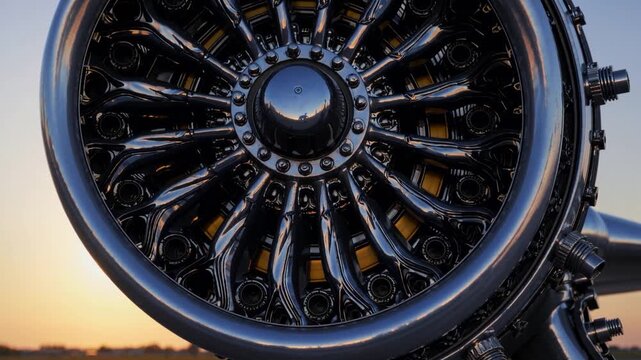 A shiny jet engine showcases its intricate design, with blades reflecting the warm light of the setting sun. The metallic components gleam, highlighting the technology of modern av