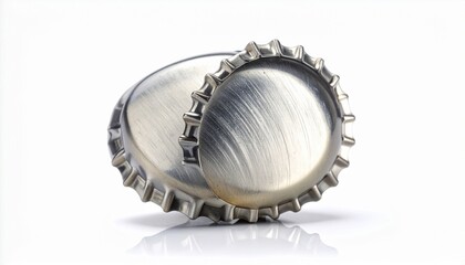 &ldquo;Silver metallic bottle cap with crimped edges on reflective white surface&rdquo;
