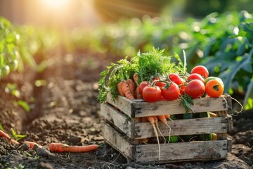 Wooden crate filled with fresh organic vegetables with soil dirt on them, carrots and tomatoes, sitting on the ground in a farm field, sun flare coming from the corner, dramatic shadows, vibrant color