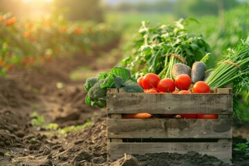 Wooden crate filled with fresh organic vegetables with soil dirt on them, carrots and tomatoes, sitting on the ground in a farm field, sun flare coming from the corner, dramatic shadows, vibrant color
