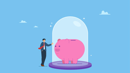 Businessman investor stand with wealthy piggy bank under glass dome strong protection. Protect money from inflation, insurance and financial security.