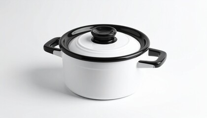 &ldquo;White enamel cooking pot with black trim and lid on neutral background&rdquo;