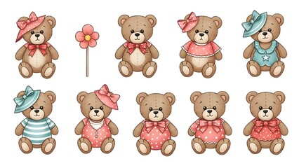 Fototapeta premium Cute little teddy bear doll set. Vector illustrations isolated on white background.