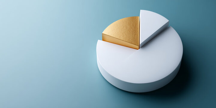 3D pie chart with two white segments and one gold segment on blue background representing data distribution and business analytics - Powered by Adobe