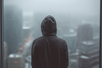 back view of a solitary person looking out a large window on a rainy day over a city skyline