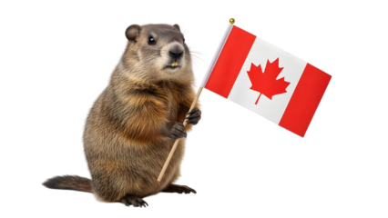 Canadian beaver proudly displays national flag isolated on transparent background