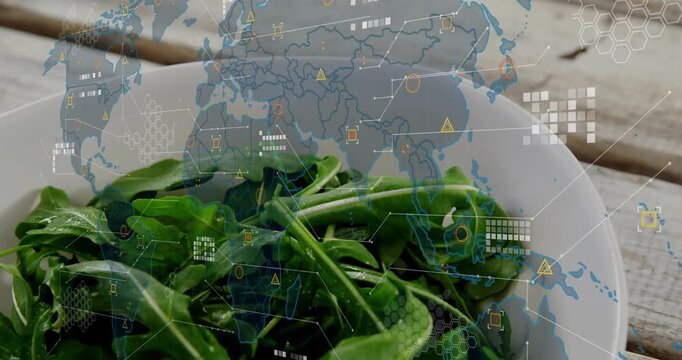 Camera shifting, map graphic appearing as HUD icons growing atop bowl, showing global data