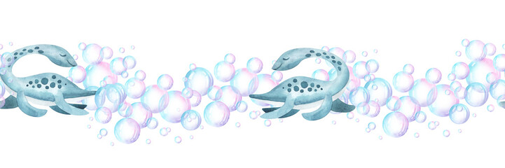 dinosaur from prehistoric period. Watercolor Illustration of an bubbles underwater. Suitable for kindergarten, wallpaper, cards, invitations, childish design. Hand drawn illustration, seamless border