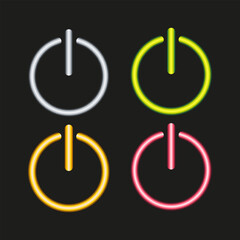 Neon power button icons in four vibrant colors on a dark background, modern glowing symbols for interface design, technology concepts, and UI elements.