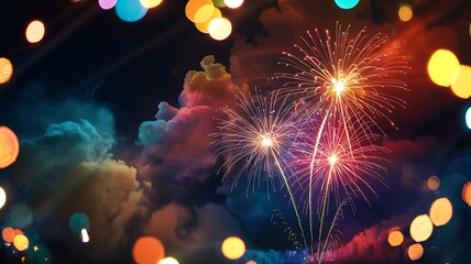 Vibrant celebration of light and color with bright fireworks exploding against a dramatic night sky and soft bokeh lights framing the scene adding a festive atmosphere