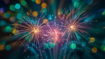 Dazzling display of vibrant fireworks exploding in a teal-toned night sky, framed by colorful bokeh lights, creating a festive and celebratory atmosphere