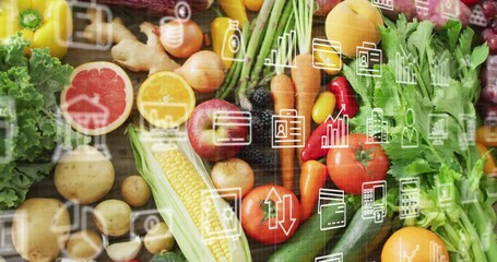 Line-art finance icons entering left and fading in, drifting across produce visualizing market data - Powered by Adobe
