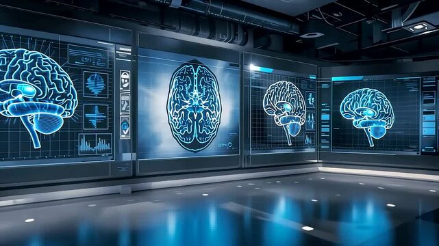 Multiple Glowing Blue Holographic Human Brain Models Displayed on Large Screens in Modern Laboratory