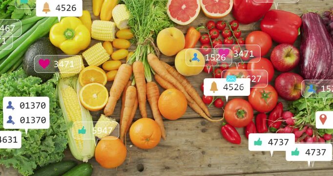 UI badges popping, stacking, drifting over produce, triggered by new likes, showing popularity