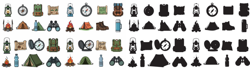 Camping equipment icons set with transparent background