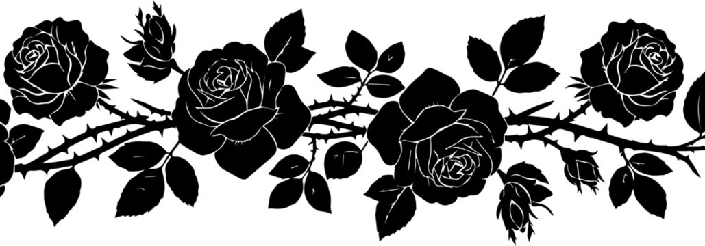 Elegant rose border with thorns in black silhouette, perfect for invitations, tattoos, or gothic designs, offering dramatic flair and timeless appeal